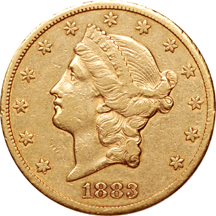 1883-CC Coronet double-eagle with possible double-struck reverse XF.