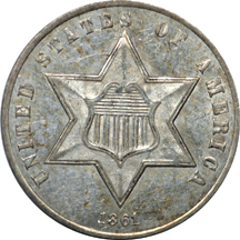 1861 Three Cent silver AU-55