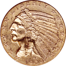 1909-D Indian half-eagle, NGC MS-62