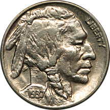 1937-D "three legged" Buffalo nickel, XF-40 details