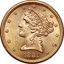 1881-S Coronet half-eagle, MS-63