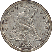 1872-CC Seated Liberty quarter, ANACS XF-40, cleaned, corroded