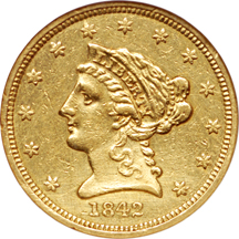 1842 Coronet quarter-eagle, ANACS AU-50, cleaned