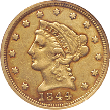 1844-C Coronet quarter-eagle, NGC XF-45