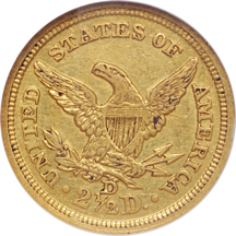 1845-D Coronet quarter-eagle, NGC AU-55