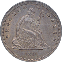 1861 Seated Liberty quarter, PCGS MS-62