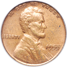 1955 "doubled die" Lincoln cent, ANACS AU-55, whizzed