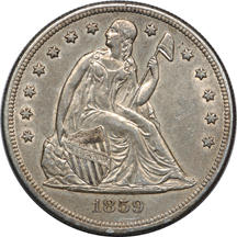1859-O Seated Liberty silver dollar, AU-53