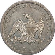 1844 Seated Liberty silver dollar, AU-55