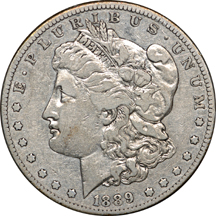 1889-CC Morgan silver dollar, F-15, dipped