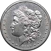 1889-CC Morgan dollar, AU-50, cleaned