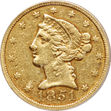 1851-C Coronet half-eagle, ANACS XF-45, cleaned