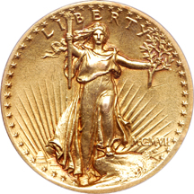 1907 "high relief" Saint-Gaudens double-eagle, ANACS AU-58, cleaned