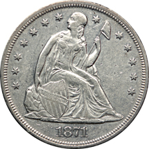 1871 Seated Liberty dollar, AU-50, dipped