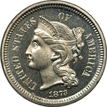 1873 Three cent nickel, PR-64 "near cameo"