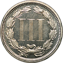 1873 Three cent nickel, PR-64 "near cameo"