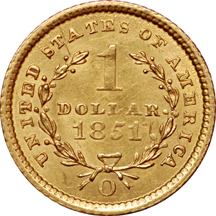 1851-O gold dollar, MS-60, cleaned