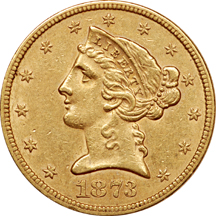 1873 "open 3" Coronet half-eagle, XF-40