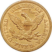 1873 "open 3" Coronet half-eagle, XF-40