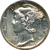 1938 Mercury dime, PCGS PF-65