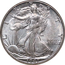 1945, 1945-S and two 1947-D Walking Liberty half-dollars, NGC MS-65