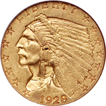 1925-D and 1928 Indian quarter-eagles, NGC MS-62.