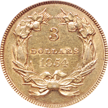 1854 Three-dollar, PCGS AU-53