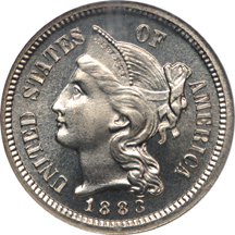 1883 Three cent nickel, NGC PF-67