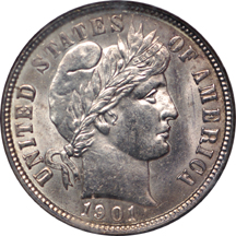 1901 Barber dime, NGC MS-65