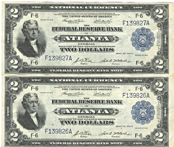 Sequential Pair of 1918 $2.00 "Battleships" Atlanta.  VF.