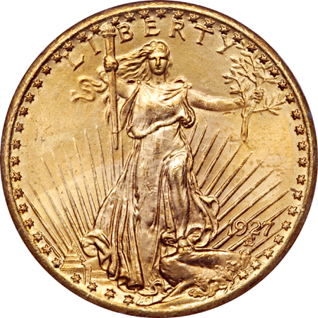 1908 No Motto and 1927 Saint-Gaudens double-eagles, PCGS.