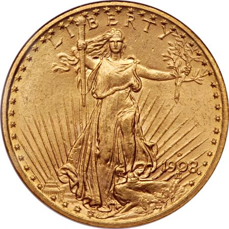 1908 and 1908-D No Motto Saint-Gaudens double-eagles, NGC MS-63.