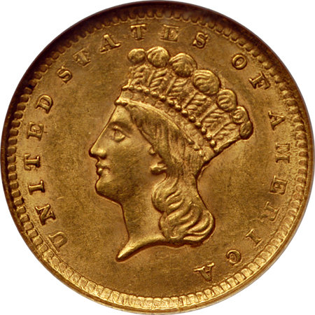 1856 'Slanted 5' and 1873 'Open 3' gold dollars Type 3, NGC MS-62.