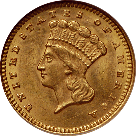 1856 'Slanted 5' and 1873 'Open 3' gold dollars Type 3, NGC MS-62.