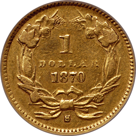 1870-S gold dollar, NCS XF Details Improperly Cleaned.