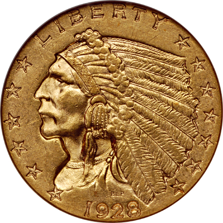 1928 (pair) Indian quarter-eagles, NGC AU-58 and NGC MS-61.