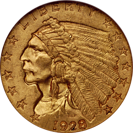 Two 1928 Indian quarter-eagles, NGC MS-63.