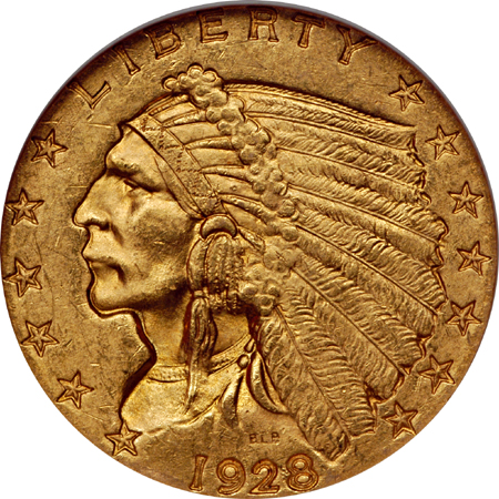 Two 1928 Indian quarter-eagles, NGC MS-63.