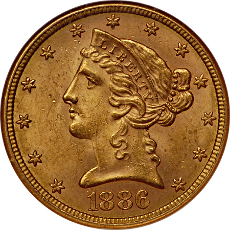 1886-S (NGC MS-62) and 1902-S (NGC MS-63) Coronet half-eagles.