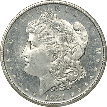 1881-S and 1886 Morgan dollars, NGC MS-66.