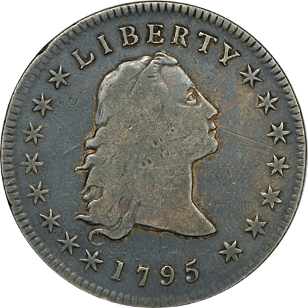 1795 3 Leaves (B-5, BB-27, R.1) Flowing Hair silver dollar, F.