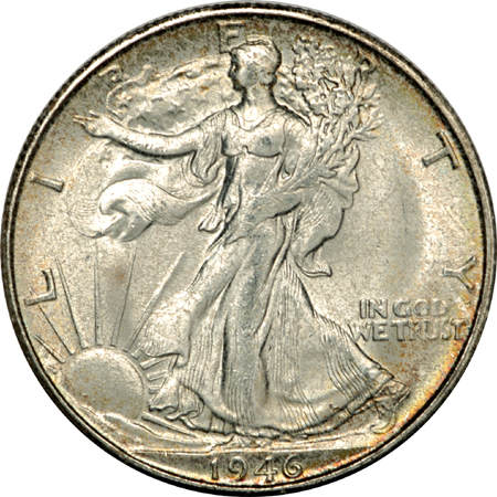 Six Walking Liberty half-dollars.