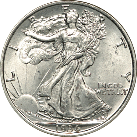 Five 1936 Walking Liberty half-dollars, NGC MS-66.