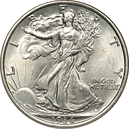 Five 1936 Walking Liberty half-dollars, NGC MS-66.