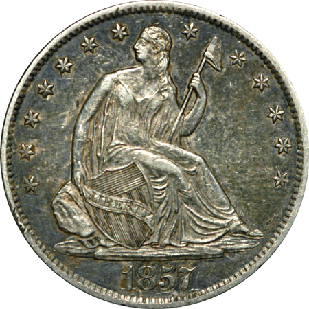 Five Seated Liberty half-dollars.