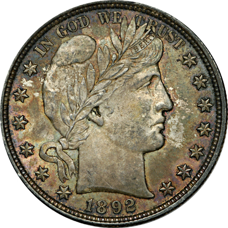 1892 Barber quarter (AU-55) and 1892 Barber half-dollar (MS-60).