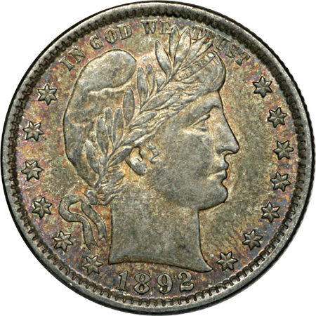 1892 Barber quarter (AU-55) and 1892 Barber half-dollar (MS-60).