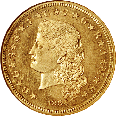 1880 $4 Flowing Hair Stella, Judd-1657, Pollock-1857, R-6., NGC PF-66 Eliasberg.