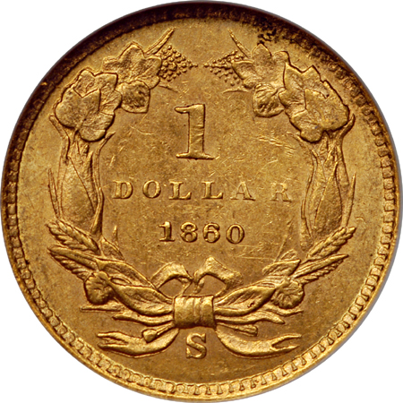 1860-S Gold Dollar, NGC AU-58 Eliasberg.