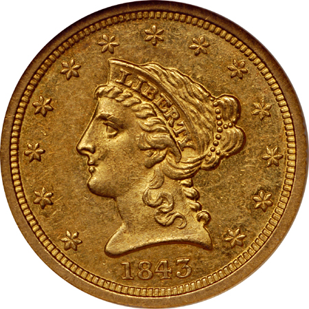 1843-O small date Liberty Head quarter-eagle, NGC AU-58 Eliasberg.